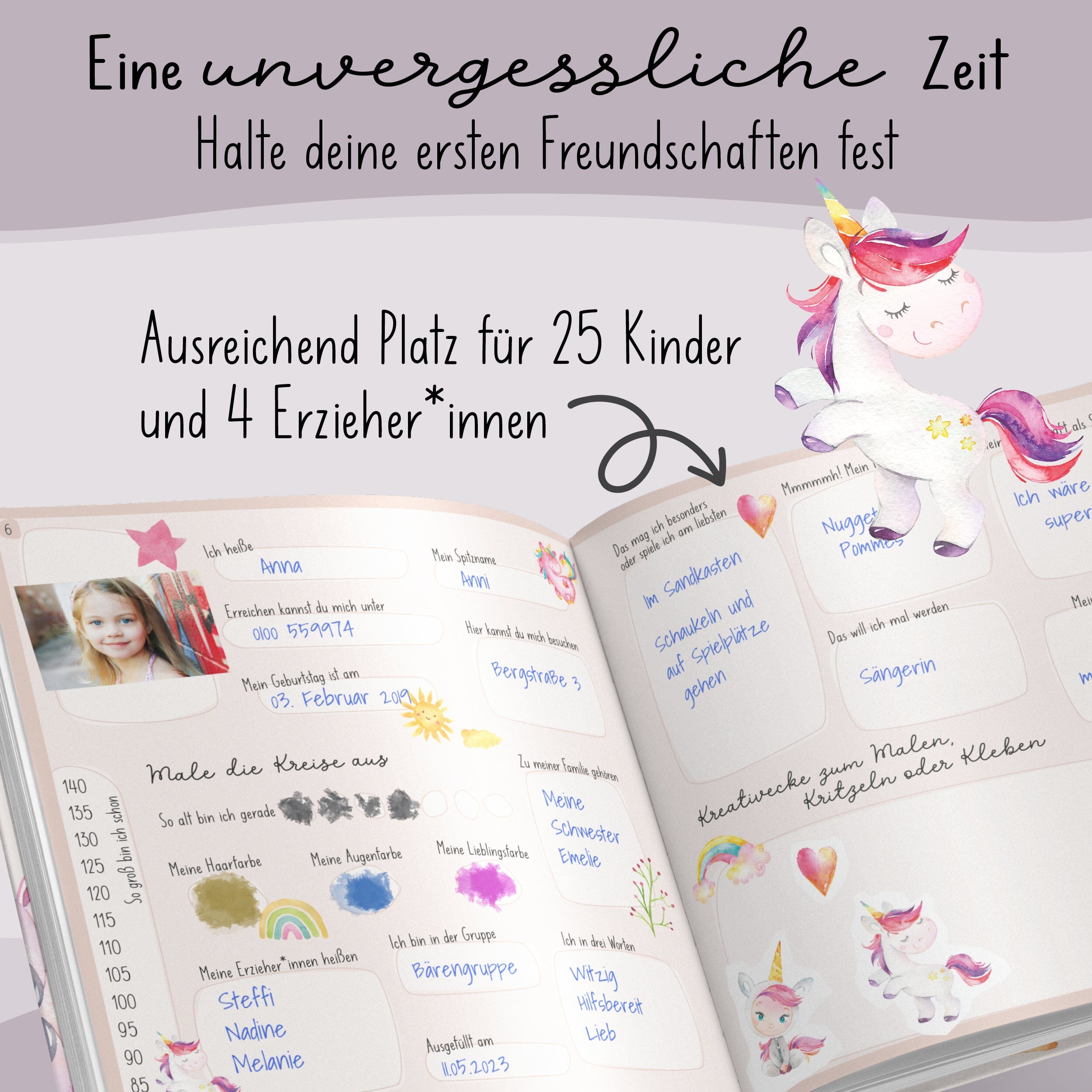 Freundebuch Kindergarten Einhorn Kindergarten Freundebuch lila liebt dich