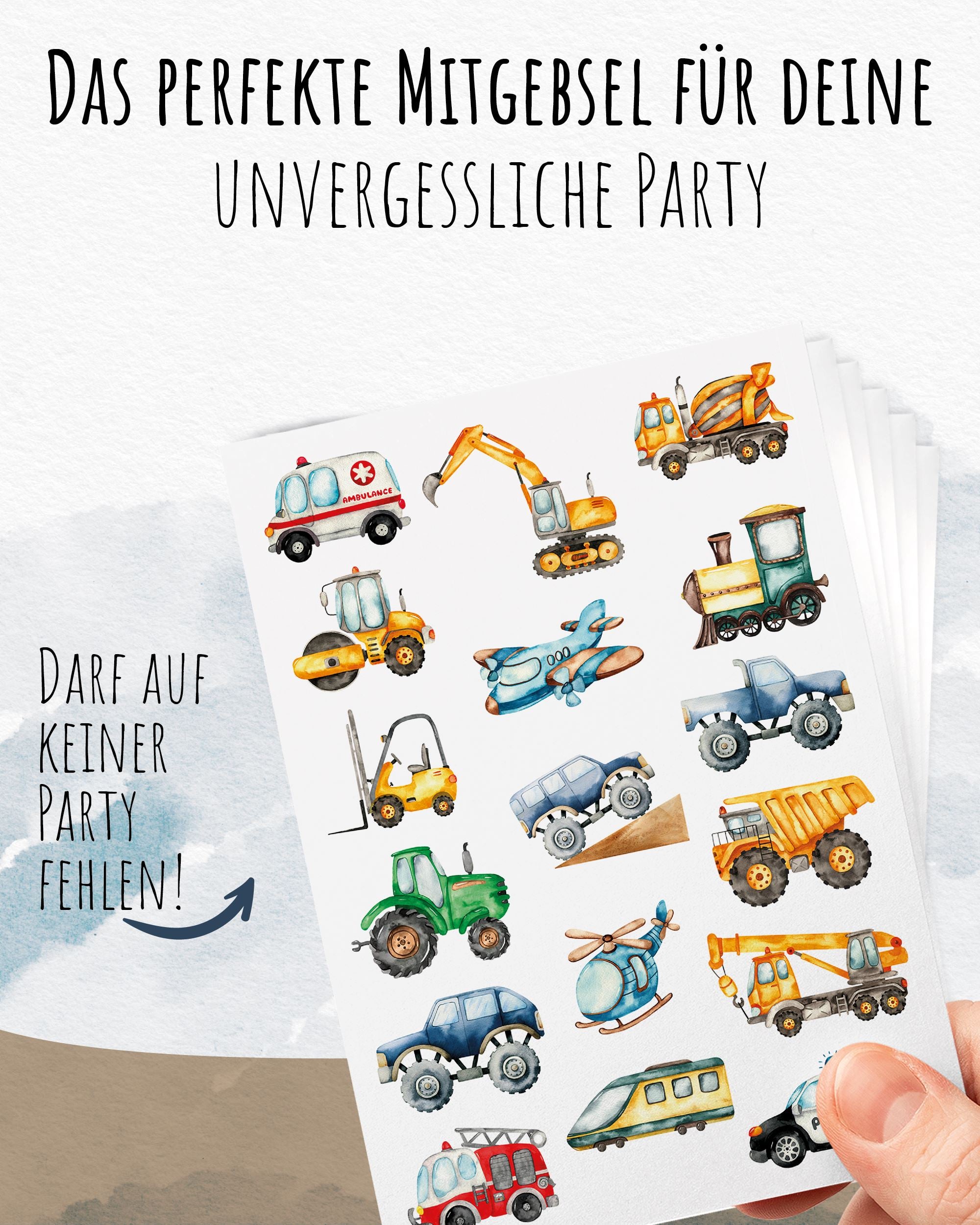 Mitgebsel Kindertattoos "Die starken Helferfahrzeuge" – 6 gleiche Bögen Kindertattoos lilaliebtdich