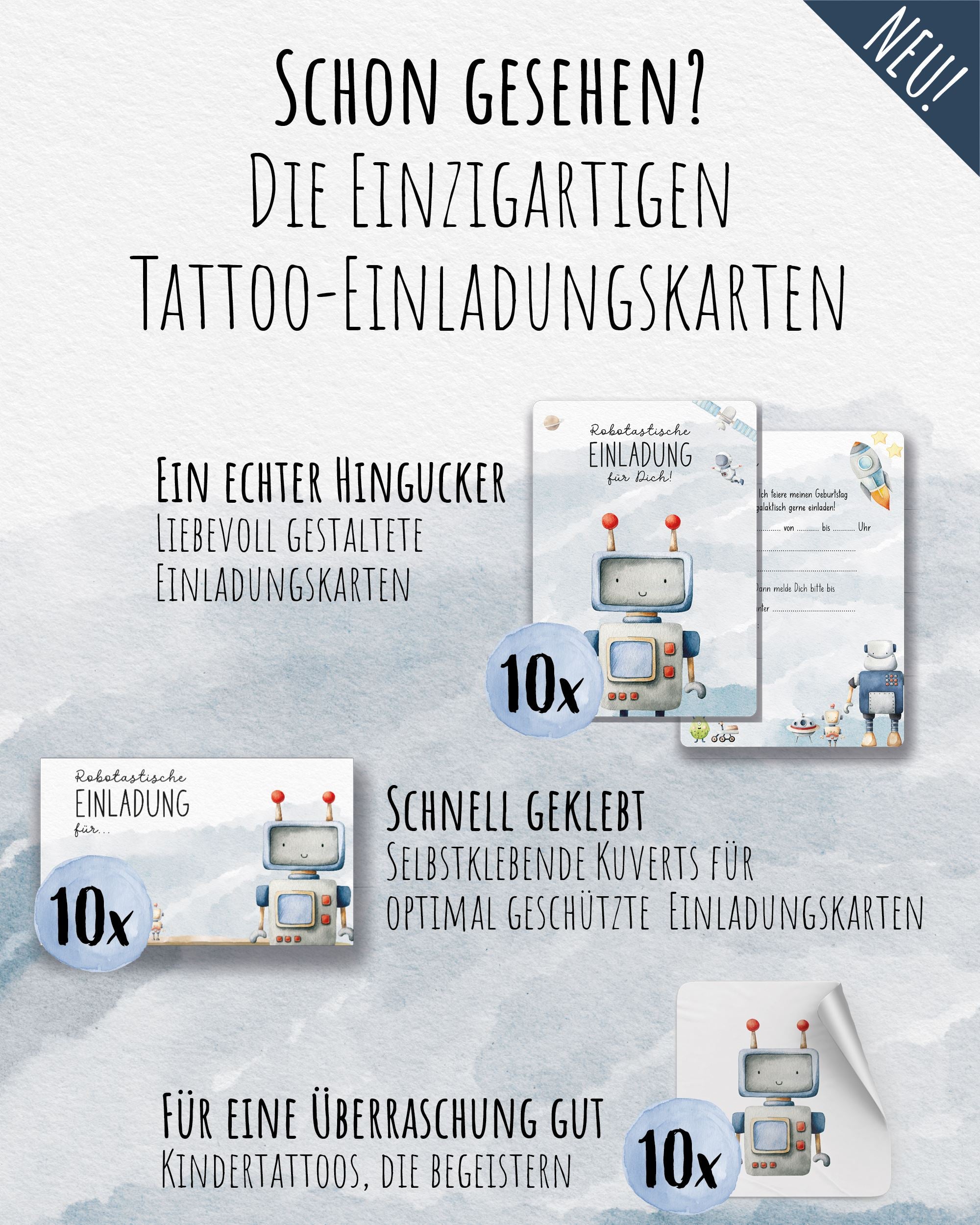 Mitgebsel Kindertattoos "Galaktische Roboter" – 6 gleiche Bögen Kindertattoos lilaliebtdich