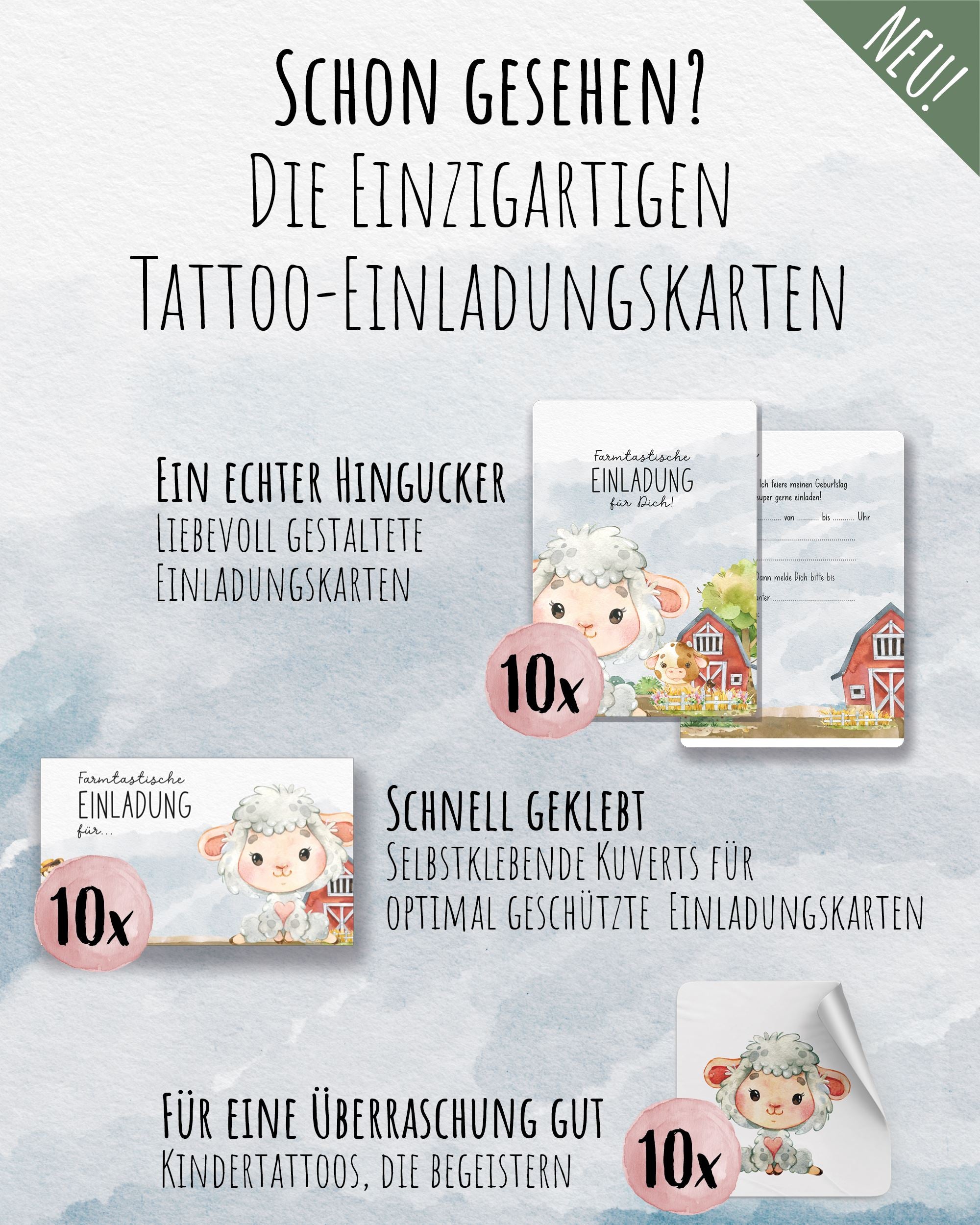 Mitgebsel Kindertattoos "Mäh & Muh vom Bauernhof" – 6 gleiche Bögen Kindertattoos lilaliebtdich