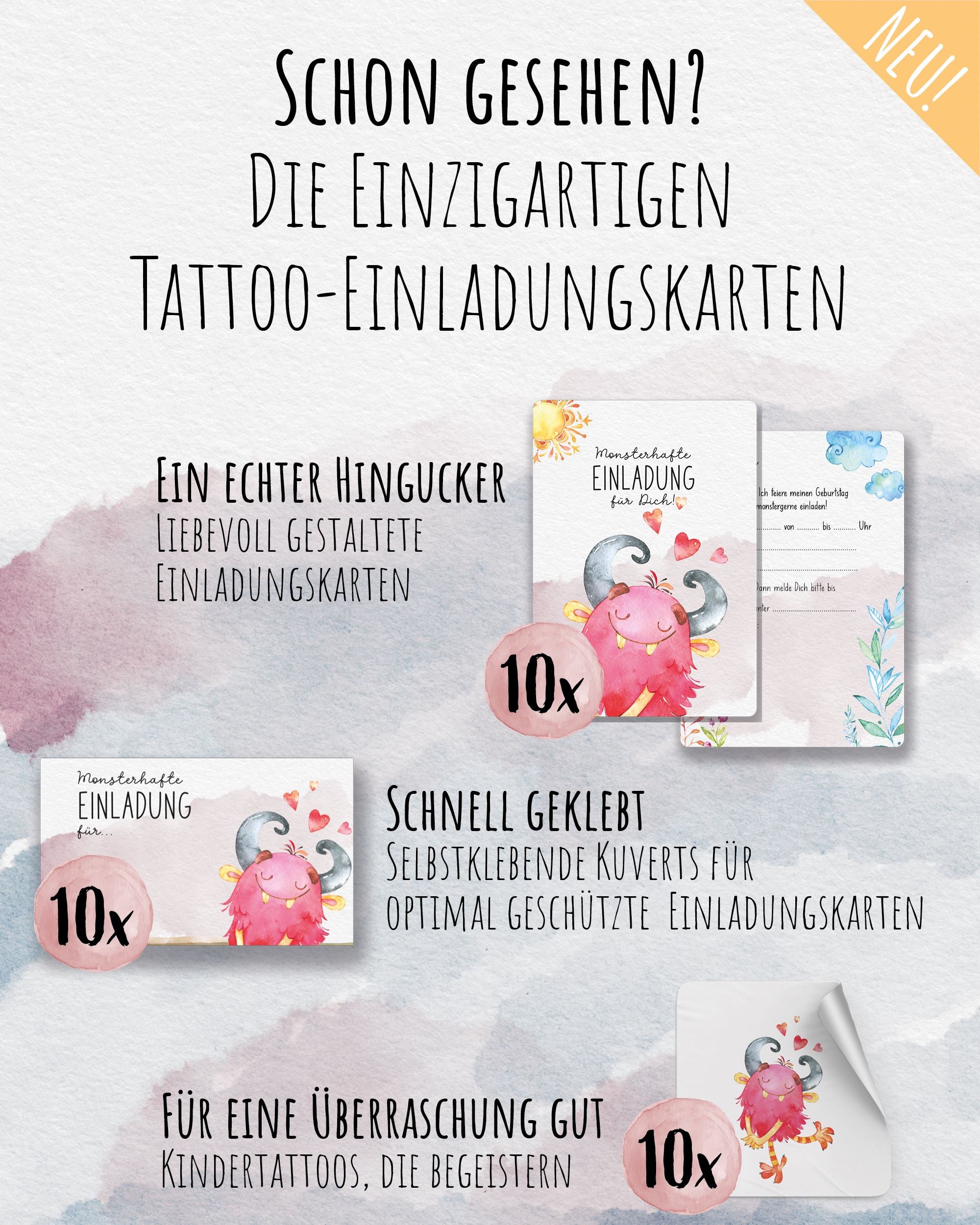 Mitgebsel Kindertattoos "Süße Drachen & Monster" – 6 gleiche Bögen Kindertattoos lilaliebtdich