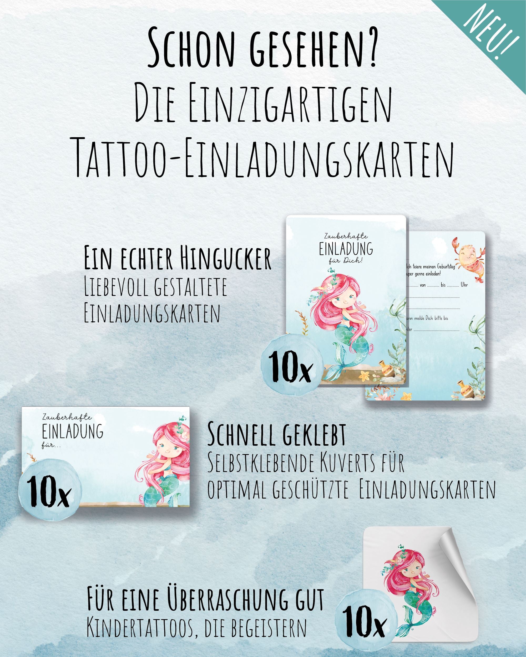 Mitgebsel Kindertattoos "Zauberhafte Meerjungfrauen" – 6 gleiche Bögen Kindertattoos lilaliebtdich