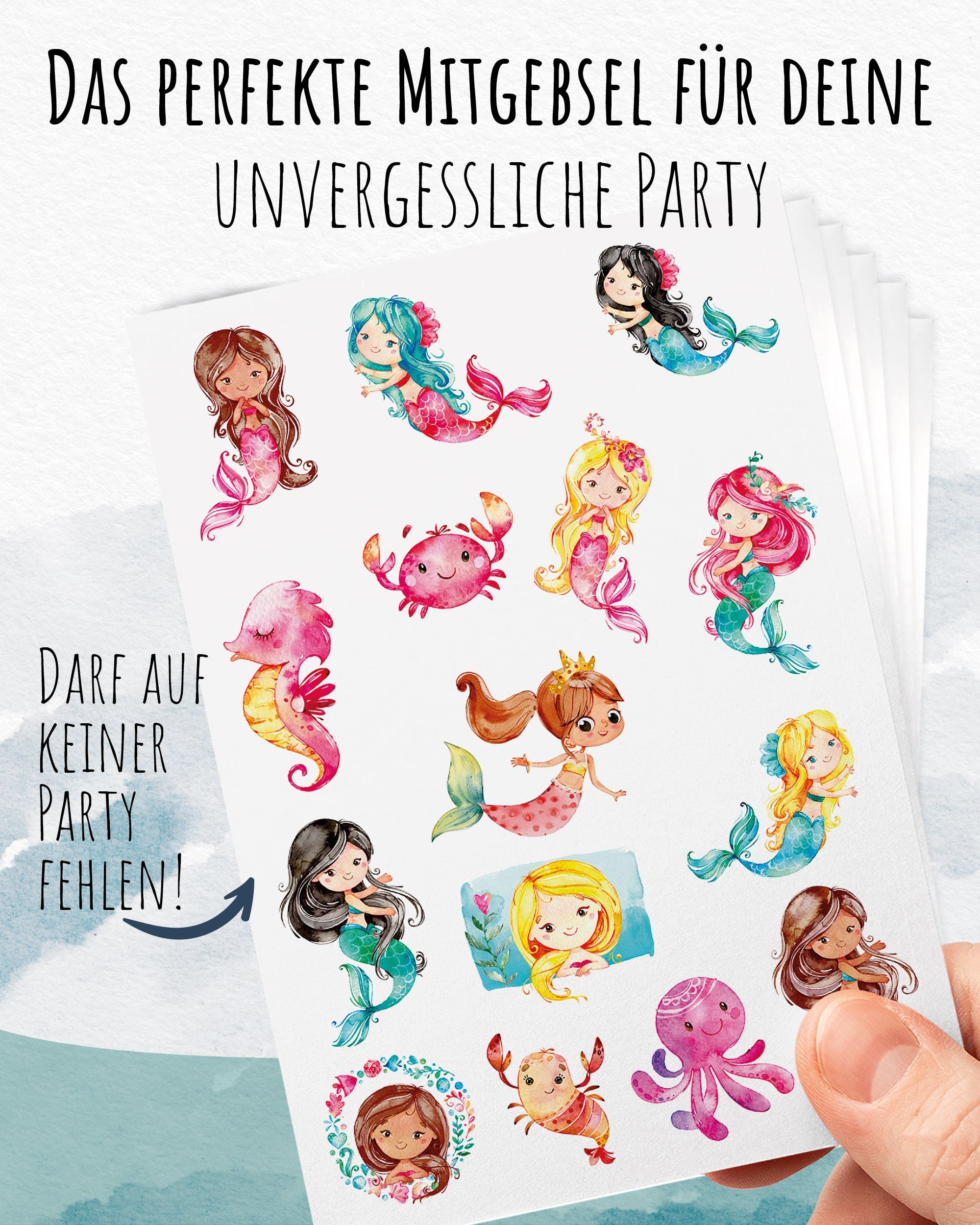 Mitgebsel Kindertattoos "Zauberhafte Meerjungfrauen" – 6 gleiche Bögen Kindertattoos lilaliebtdich