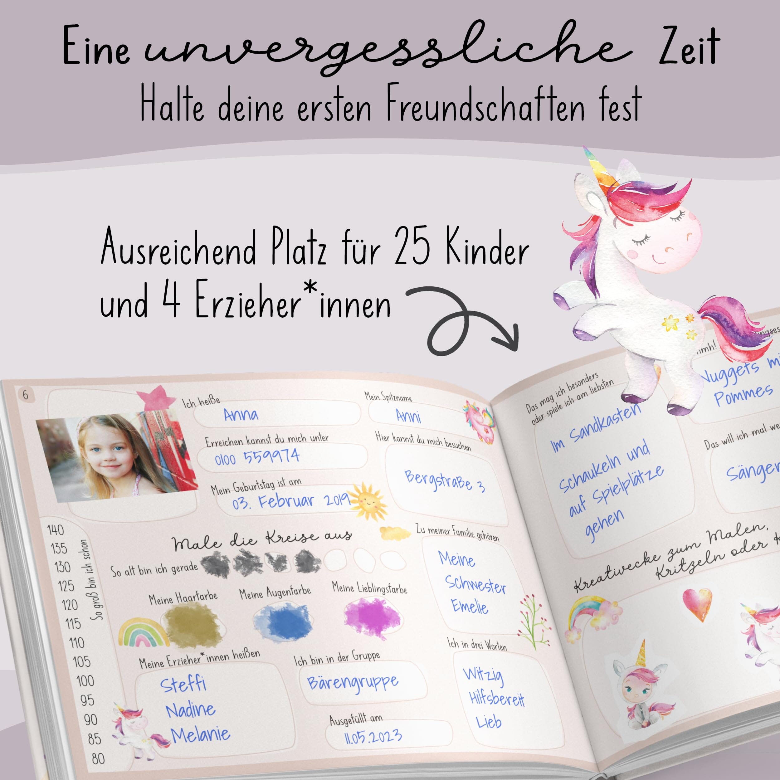 lila liebt dich® Einhorn Freundebuch Kindergarten Mädchen - Unvergessliche Kindergartenmomente festhalten, kompakt TOYS_AND_GAMES lila liebt dich 