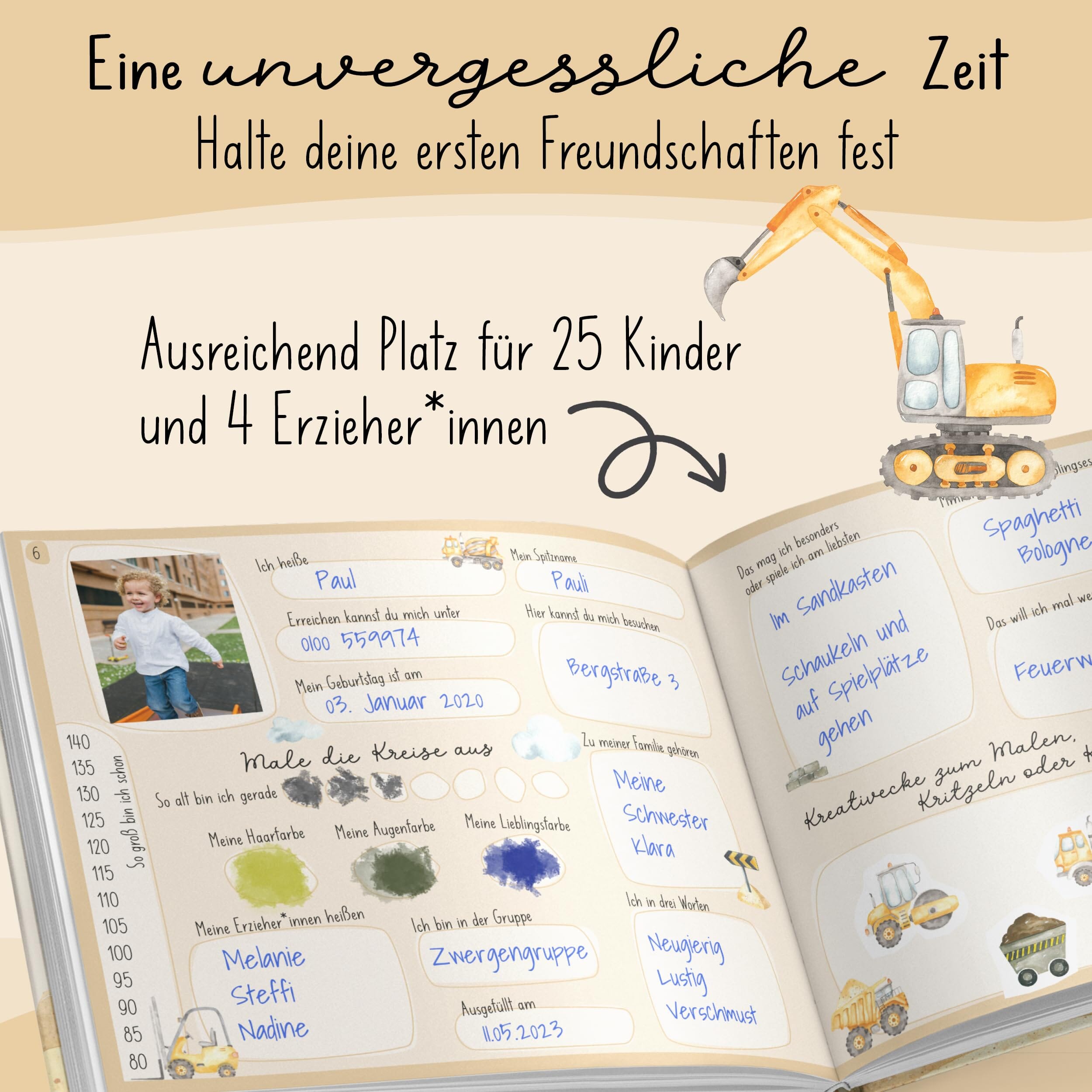 lila liebt dich® Kindergarten Freundebuch Bagger, Freundebuch Kindergarten Junge - Unvergessliche Kindergartenmomente festhalten, kompakt TOYS_AND_GAMES lila liebt dich 